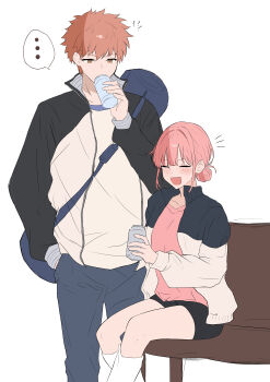 1boy 1girl ^_^ absurdres ao_no_hako athletic_leotard blush breasts chouno_hina closed_eyes crossover emiya_shirou false_smile fate/stay_night fate_(series) highres igote jacket leotard multiple_crossover open_mouth orange_hair pink_hair raglan_sleeves self-upload shokobr smile trait_connection