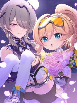 2girls :o absurdres aged_down ass black_shorts blonde_hair blue_eyes bouquet brown_hair carrying commentary_request dress durandal_(honkai_impact) durandal_(reign_solaris)_(honkai_impact) falling_petals flower full_body goggles goggles_on_head highres holding holding_bouquet honkai_(series) honkai_impact_3rd long_hair multiple_girls night petals ponytail princess_carry purple_dress purple_eyes rinna_(xxrinna) rita_rossweisse rita_rossweisse_(miss_espionage) short_hair shorts smile thighhighs thighs white_thighhighs yuri