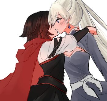 2girls black_dress black_hair blue_eyes cape cleavage_cutout clothing_cutout dress earrings gradient_hair hand_on_another's_neck hand_on_another's_shoulder highres imminent_kiss jewelry long_hair multicolored_hair multiple_girls ponytail purple_dress red_cape red_hair ruby_rose rwby sash scar scar_across_eye scar_on_face short_hair tuemei weiss_schnee white_background white_hair yuri