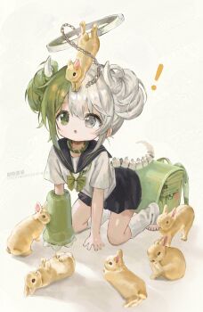 ! 1girl :o absurdres adversarial_noise animal animal_collar animal_on_head backpack bag blue_sailor_collar blue_skirt bow bowtie brown_rabbit child collar commentary_request double_bun doubutsunoujyou dragon_girl dragon_horns dragon_tail full_body gloves green_bag green_bow green_bowtie green_collar green_eyes green_gloves green_hair hair_bun heterochromia highres horns leg_warmers multicolored_hair no_shoes on_head open_mouth original rabbit randoseru sailor_collar school_uniform serafuku shirt short_hair sidelocks single_glove skeletal_tail skirt solo split-color_hair tail two-tone_hair unworn_backpack unworn_bag white_background white_eyes white_hair white_leg_warmers white_shirt