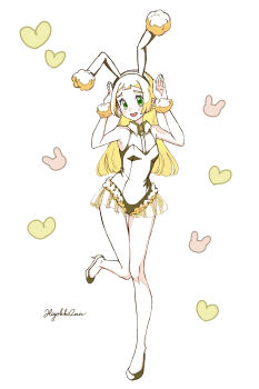 Rule 34 | 1girl, absurdres, alternate costume, animal ears, blonde hair, blush, commentary request, eyelashes, fake animal ears, full body, green eyes, hairband, hands up, heart, high heels, highres, hiyokko2min, knees, knees together feet apart, leg up, lillie (pokemon), long hair, looking at viewer, nintendo, open mouth, playboy bunny, pokemon, pokemon sm, puffy wrist cuffs, rabbit ears, signature, simple background, smile, solo, white background
