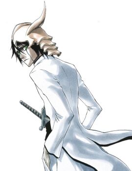 Rule 34 | 1boy, black hair, bleach, closed mouth, espada, green eyes, hands in pockets, hollow mask, kubo tite, male focus, medium hair, non-web source, official art, pale skin, simple background, solo, solo focus, standing, sword, ulquiorra cifer, weapon, white background