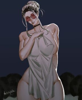 1girl arm_behind_back artukolatte black_choker breasts choker covering_privates glasses gokurakugai hair_bun highres holding large_breasts muscular muscular_female naked_towel nude onsen rock signature solo sunglasses tall_female tao_(gokurakugai) thick_eyebrows tinted_eyewear towel