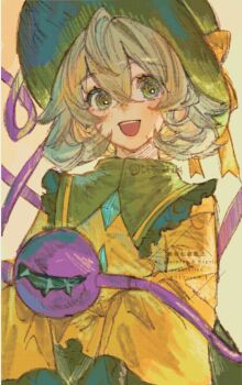 1girl absurdres buttons diamond_button eyeball frilled_shirt_collar frilled_sleeves frills green_eyes green_hair green_hat green_skirt hat hat_ribbon heart heart_of_string highres komeiji_koishi oftooon ribbon shirt skirt sleeves_past_wrists smile third_eye touhou wide_sleeves yellow_ribbon yellow_shirt