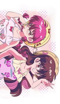 braid brown_hair collarbone commentary_request disguise dress floral_print hat heartpiyo_piyo highres pink_dress pink_hair pink_streaks ranma-chan ranma_1/2 round_eyewear signature straw_hat tongue tongue_out v wavy_hair yellow_hat