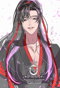 Rule 34 | 1boy, ahoge, ankekkai, artist logo, bishounen, black eyes, black hair, black hanfu, chinese clothes, collarbone, commentary request, falling petals, grey eyes, hair ribbon, hanfu, high ponytail, highres, logo, long hair, looking at viewer, male focus, modao zushi, parted bangs, parted lips, pectoral cleavage, pectorals, petals, pink petals, ponytail, red ribbon, ribbon, robe, sidelocks, simple background, smile, solo, twitter username, upper body, watermark, wei wuxian, white background