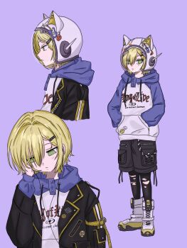 1boy animal_ear_helmet animal_ears animal_helmet arm_belt badge belt black_jacket black_leggings black_shorts blonde_hair blue_hood blue_sleeves blush boots button_badge cat_ears character_name closed_mouth clothes_writing cropped_torso drawstring earphones fake_animal_ears flame_print from_side full_body green_eyes hair_intakes hair_ornament hair_over_one_eye hairclip hand_in_pocket hand_on_own_cheek hand_on_own_face helmet highres hood hood_down hoodie jacket lace-up_boots lapels layered_sleeve leggings lightning_bolt_print long_sleeves looking_ahead looking_at_viewer looking_down loose_belt male_focus multiple_views nijisanji notched_lapels open_clothes open_jacket pocket print_hoodie purple_background raglan_sleeves shoelaces short_hair shorts simple_background space_helmet standing sticker straight-on torn_clothes torn_leggings upper_body uzuki_kou uzuki_kou_(5th_costume) virtual_youtuber wallet_chain white_boots white_helmet white_hoodie wolf_cut yarai_i yellow_belt yellow_trim zipper