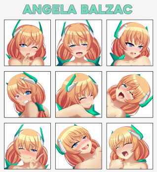 1girl angela_balzac blonde_hair blush chart expression_chart multiple_expressions closed_eyes highres multiple_views one_eye_closed open_mouth rakuen_tsuihou saliva santystuff smile v
