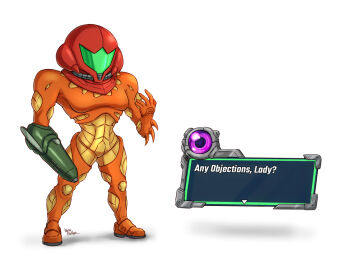 1girl adam_malkovich arm_cannon armor artist_name assault_visor chibi commentary_request fusion_suit green_visor metroid metroid_fusion nintendo power_armor power_suit_(metroid) samus_aran signature simple_background wakaba_(wata_ridley) weapon white_background