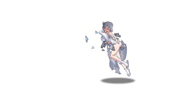1girl animated animated_gif ass ass_shake blue_bra blue_eyes blue_panties blush bouncing_ass bouncing_breasts bow bra breasts cleavage closed_eyes crossover defeat exploding_clothes grey_hair hair_bow highres japanese_clothes jiggle kimono lace lace-trimmed_bra lace_trim large_breasts lost_sword:_tales_of_britania lying medium_hair official_art on_ground on_side panties ribbon-trimmed_kimono ribbon_trim sandals senran_kagura senran_kagura_shinovi_versus shiny_skin simple_background single_sandal socks solo striped_bow tabi torn_clothes torn_kimono underwear white_background white_bow white_kimono white_socks yumi_(senran_kagura) zouri