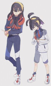 Rule 34 | 1boy, 1girl, black hair, blue jacket, blue pants, blue shirt, blue socks, brother and sister, carmine (pokemon), closed mouth, collared shirt, crossed bangs, gloves, grey background, hairband, jacket, kieran (pokemon), long hair, mole, mole under eye, mxkjxm (nhss2337), nintendo, pants, partially fingerless gloves, pointing, pokemon, pokemon sv, purple hair, red gloves, red hair, shirt, shoes, shorts, siblings, simple background, single glove, socks, standing, white shoes, yellow bag, yellow eyes, yellow hairband