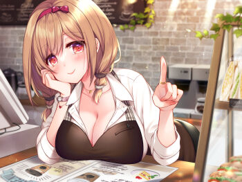 1girl apron bent_over bent_over_furniture black_apron black_skirt blurry blurry_background blush bow breast_rest breasts breasts_on_table brick_wall brown_hair cleavage closed_mouth collarbone collared_shirt depth_of_field dress_shirt food hair_bow hair_over_shoulder hairband head_rest highres indoors jewelry large_breasts long_sleeves looking_at_viewer low_twintails menu original partially_unbuttoned pointing pointing_at_viewer red_bow red_eyes red_hairband ring ringo_sui shirt short_twintails skirt smile solo twintails watch white_shirt wristwatch