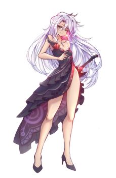 1girl a_(xenoblade) alternate_costume bare_legs bare_shoulders black_dress blue_eyes breasts cleavage commentary dress earrings english_commentary flower glowing glowing_earrings glowing_weapon high_heels highres holding holding_sword holding_weapon jewelry key key_necklace long_hair looking_to_the_side lustercool monado monolith_soft necklace red_flower red_rose rose single_earring smile standing sword thighs weapon white_background white_hair xeno_(series) xenoblade_chronicles_(series) xenoblade_chronicles_3 xenoblade_chronicles_3:_future_redeemed