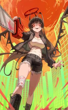 1girl absurdres alternate_costume bandaged_leg bandages bandaid bandaid_on_cheek bandaid_on_face black_boots black_hair black_jacket black_nails black_shorts black_wings blood blood_halo blood_spray blue_archive boots breasts building chainsaw city cutoffs halo highres holding holding_chainsaw jacket large_breasts liquid_halo long_hair looking_at_viewer orange_sky red_eyes sharp_teeth shirt short_shorts shorts sky solo standing teeth tsurugi_(blue_archive) white_shirt wings yc97