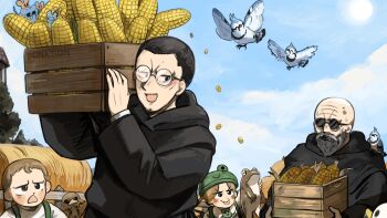 1girl 3boys :d aged_down bald beard bird black_hair blue_jay brown_hair chicken commentary corn diva_(hyxpk) duck english_commentary facial_hair father_(diva) frog froggy_nun's_father_(diva) froggy_nun's_mother_(diva) glasses green_overalls highres little_nuns_(diva) mouse_(animal) multiple_boys open_mouth ostrich overalls round_eyewear shirt sky smile sunglasses tongue tongue_out white_shirt