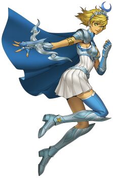 Rule 34 | 1girl, absurdres, ancient greek clothes, armor, artemis (megami tensei), blonde hair, breasts, demon (megami tensei), doi masayuki, full body, gauntlets, greco-roman clothes, highres, looking at viewer, official art, shin megami tensei, shin megami tensei v, short hair, simple background, skirt, solo, third-party source, transparent background, yellow eyes