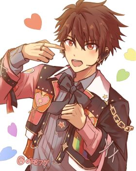 1boy black_bow black_bowtie bow bowtie brown_hair chain clenched_hand collared_shirt commentary earrings ensemble_stars! fugu_(0908fugu) hands_up headset heart highres jacket jewelry long_sleeves looking_at_viewer male_focus morisawa_chiaki official_alternate_costume open_clothes open_jacket open_mouth ring shirt short_hair simple_background sooo star_(symbol) symbol-only_commentary teeth twitter_username upper_body upper_teeth_only white_background