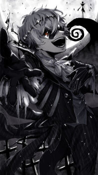 2boys black_crown crown diamond_hairband formal_clothes gloves highres jack_skellington jacket kurage_(pege5787) long_sleeves looking_at_viewer male_focus moon multiple_boys pinstripe_pattern pinstripe_suit pinstripe_vest round_eyewear short_hair silhouette skully_j._graves smile striped_clothes suit sunglasses the_nightmare_before_christmas twisted_wonderland vertical-striped_clothes vest white_hair