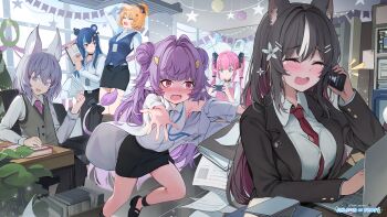 >_< 6+girls absurdres animal_ear_fluff animal_ears artist_request bear_ears bear_girl black_bow black_choker black_jacket black_pants black_skirt blue_eyes blue_hair blush bow breasts buttons chisaka_airi choker clipboard closed_eyes coat colored_inner_hair computer controller cow_ears cow_girl cow_horns cow_tail eimi_isami flower fortissimo fox_ears fox_girl fujikura_uruka game_controller grey_hair hair_bow hair_flower hair_ornament hairpin hamster_ears hamster_girl highres holding holding_clipboard holding_controller holding_game_controller holding_paper holding_phone horns jacket kokoromo_memory lab_coat lanyard laptop long_hair multicolored_hair multiple_girls musical_note musical_note_hair_ornament muu_muyu necktie office_lady official_art open_mouth orange_hair pants paper paperwork paw_print pencil_skirt phase_connect phone pink_eyes pink_hair pink_necktie plant purple_eyes purple_hair red_necktie shirt sitting skirt sleeveless sleeveless_shirt star_(symbol) streaked_hair tail tail_bow tail_ornament tearing_up tenma_maemi vest virtual_youtuber waistcoat white_coat white_flower white_hair white_shirt wolf_ears wolf_girl