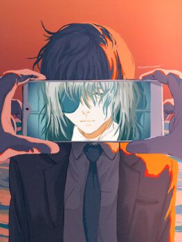 Rule 34 | 1girl, 1other, artist name, black hair, black necktie, business suit, cellphone, chainsaw man, commentary, depressed, english commentary, eyepatch, formal clothes, head tilt, highres, himeno (chainsaw man), holding, holding phone, jacket, kurtoart, necktie, orange background, parody, phone, pov, pov hands, sayonara eri, short hair, smartphone, solo focus, suit, suit jacket, taking picture, upper body