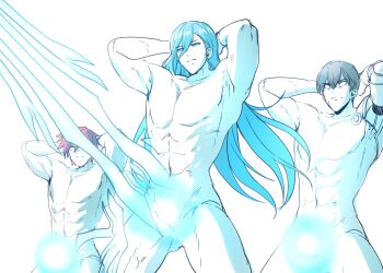 3boys ainchase_ishmael arms_behind_head black_hair blue_eyes blue_hair completely_nude cowboy_shot elsword elsword_(character) erection expressionless furious_blade_(elsword) highres knight_emperor_(elsword) long_hair male_focus mechanical_arms multiple_boys muscular muscular_male nude pinkmarine raven_cronwell red_eyes red_hair richter_(elsword) serious short_hair single_mechanical_arm sword weapon what white_eyes