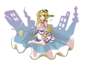 1girl alphes_(style) barefoot between_legs black_hairband blonde_hair blush breasts clam_shell_ornament collarbone commentary_request dairi defeat dress fossilized_wonders frilled_sleeves frills full_body hairband hand_between_legs hand_on_own_chest highres large_variant_set long_hair medium_breasts parody side_slit solo style_parody tachi-e torn_clothes touhou transparent_background variant_set very_long_hair watari_nina wavy_hair white_dress wide_sleeves