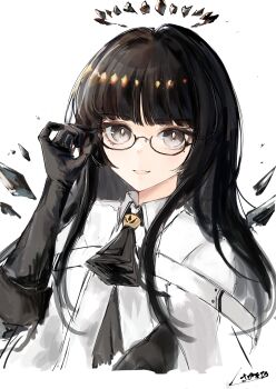 1girl :d absurdres adjusting_eyewear arknights ascot bespectacled black-framed_eyewear black_ascot black_eyes black_gloves black_hair black_halo bright_pupils collared_shirt commentary_request cropped_torso detached_wings elbow_gloves glasses gloves halo highres kusagatabi long_hair open_mouth partial_commentary semi-rimless_eyewear shirt signature simple_background sketch smile solo under-rim_eyewear virtuosa_(arknights) white_background white_pupils white_shirt wings