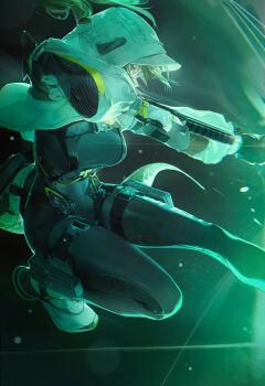 1girl absurdres arknights arknights:_endfield black_bodysuit black_gloves bodysuit breasts commentary dual_wielding fluorite_(arknights) gloves green_hair guan_byeol gun hair_through_hood handgun highres holding holding_gun holding_weapon hood hood_up hooded_shrug impossible_bodysuit impossible_clothes long_hair long_sleeves medium_breasts shoes shrug_(clothing) snake_tail solo tail weapon white_shoes white_shrug