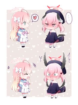 <|>_<|> ... 1boy :d ^_^ absurdres ahoge black_hat black_shoes black_wings blonde_hair blue_archive blue_sailor_collar blush border braid brown_background chibi chibi_only closed_eyes closed_mouth commentary full_body gradient_hair halo hanako_(blue_archive) hand_up hat head_wings heart highres koharu_(blue_archive) long_hair multicolored_hair multiple_views nose_blush open_mouth outside_border pink_hair pink_halo pleated_skirt polka_dot polka_dot_background red_halo red_skirt sailor_collar school_uniform serafuku shirt shoes short_sleeves skirt smile socks spoken_ellipsis spoken_heart standing twintails white_border white_shirt white_skirt white_socks wings you_(noanoamoemoe)