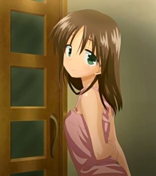 1girl anime_screenshot brown_hair green_eyes highres looking_at_viewer oyasumi_sex short_hair sleeping_shirt solo standing stitched third-party_edit tsukioka_yui