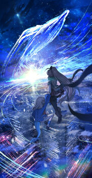 2girls absurdres advarcher animal_costume animal_hood black_thighhighs blue_hoodie boots brown_boots brown_cloak brown_corset brown_hair building city cityscape cloak commentary corset english_commentary feather_hair_ornament feathers fins fish_tail floating from_behind gawr_gura gawr_gura_(1st_costume) grey_hair hair_ornament highres holding_hands hololive hololive_english holomyth hood hoodie long_exposure long_hair multicolored_hair multiple_girls nanashi_mumei nanashi_mumei_(1st_costume) night outdoors scenery shark_costume shark_girl shark_hair_ornament shark_hood shark_tail sky skyscraper star_(sky) starry_sky streaked_hair tail thighhighs two_side_up virtual_youtuber whale