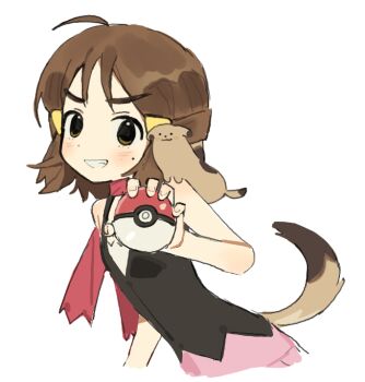 1girl ahoge brown_eyes brown_hair cosplay dawn_(pokemon) dawn_(pokemon)_(cosplay) dog dog_girl dog_tail dot_nose grin holding holding_poke_ball indie_virtual_youtuber looking_at_viewer mole mole_on_cheek mota_(motaberrie) motaberrie_(vtuber) nintendo poke_ball pokemon pokemon_dppt red_scarf scarf smile tail upper_body white_background