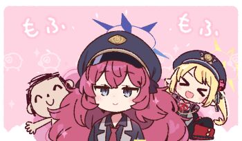 >_< 1boy 2girls :d ^_^ black_hat black_shirt blonde_hair blue_archive blue_halo blush chibi chibi_only closed_eyes closed_mouth collared_shirt commentary_request doodle_sensei_(blue_archive) dot_nose double-parted_bangs grey_eyes halo hat ibuki_(blue_archive) iroha_(blue_archive) long_hair multiple_girls necktie open_mouth pink_background red_hair red_necktie sensei_(blue_archive) shirt smile upper_body xd yoru_nai