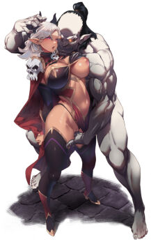 1boy 1girl alan_smithee armor black_hair black_thighhighs breasts cape clenched_hand colored_skin commentary_request dark-skinned_female dark_elf dark_skin demon_horns elf fangs fingering full_body glowing glowing_eyes head_grab high_heels horns large_breasts long_hair muscular muscular_male navel nipples open_mouth orc original pink_eyes pointy_ears ponytail rape red_cape red_eyes shoulder_armor simple_background skull smile standing teeth thighhighs white_background white_hair white_skin