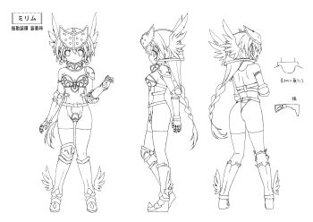 10s 1girl absurdres armor armored_leotard ass boots breasts reference_sheet female_focus full_body helmet highres l10s leotard long_hair mirim monochrome official_art queen&#039;s_blade queen&#039;s_blade_rebellion shield simple_background skindentation solo sword thighhighs thong_leotard weapon white_background winged_helmet