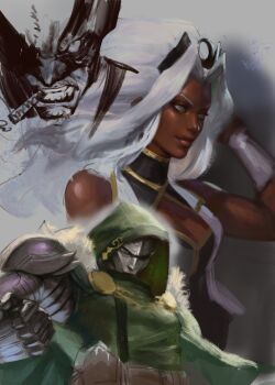Rule 34 | 1girl, 2boys, absurdres, armor, cigarette, dark-skinned female, dark skin, doctor doom, highres, long hair, marvel, marvel tokon: fighting souls, mask, mask on head, multiple boys, storm (x-men), white hair, wolverine (x-men), x-men, yc yorkchow