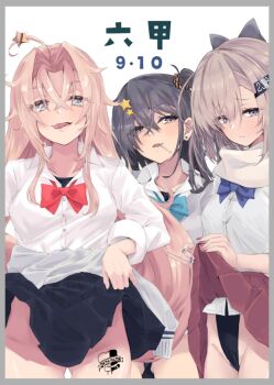 Rule 34 | 3girls, ahoge, alakoala, aqua bow, aqua bowtie, black hair, black one-piece swimsuit, black skirt, blue bow, blue bowtie, bow, bowtie, cardigan, circle cut, clothes lift, collared shirt, cowboy shot, dress shirt, drum (kancolle), grey cardigan, grey hair, hair ornament, highleg, highleg one-piece swimsuit, kantai collection, long hair, multiple girls, one-piece swimsuit, one side up, pink hair, pleated skirt, red bow, red bowtie, red skirt, scamp (kancolle), scarf, shirt, simple background, skirt, skirt lift, star (symbol), star hair ornament, swimsuit, swimsuit under clothes, wahoo (kancolle), white background, white scarf, white shirt