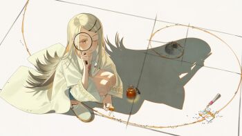 1girl blonde_hair blue_shorts blush camisole charm_(object) closed_mouth colored_eyelashes commentary_request dolosse flipped_hair full_body gakuen_idolmaster golden_spiral gradient_hair grey_hair hair_ornament hairclip hand_up highres holding holding_honey_dipper holding_magnifying_glass honey honey_dipper id_card idolmaster jar long_hair long_sleeves looking_at_viewer looking_through_magnifying_glass looking_up magnifying_glass multicolored_hair on_ground one_eye_closed open_clothes open_robe orange_eyes orange_ribbon parallel_hairclips parted_bangs ribbon robe shadow shinosawa_hiro shoes shorts smile solo squatting very_long_hair white_camisole white_robe white_shoes wide_sleeves