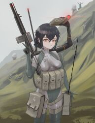 Rule 34 | 1girl, absurdres, android, assault rifle, black hair, bodysuit, breasts, earpiece, folding stock, gun, h&amp;k mp5sd, highres, holding, holding gun, holding weapon, klottinen, load bearing vest, looking at viewer, magazine (weapon), multicolored hair, optical sight, original, pouch, rifle, short hair, skin tight, small breasts, solo, strap, streaked hair, submachine gun, suppressor, thigh pouch, thigh strap, trigger discipline, two-tone bodysuit, weapon, yellow eyes