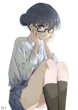 1girl absurdres adjusting_eyewear basori_tiara bespectacled black-framed_eyewear black_hair black_socks blue_bow blue_bowtie blush bow bowtie collared_shirt commentary english_commentary feet_out_of_frame glasses green_eyes grey_skirt hair_bun hands_up highres k2s kneehighs knees_up long_sleeves looking_at_viewer make_heroine_ga_oo_sugiru! miniskirt parted_lips pleated_skirt school_uniform semi-rimless_eyewear shirt short_hair signature sitting skirt socks solo summer_uniform thighs tsuwabuki_high_school_uniform under-rim_eyewear white_bow white_bowtie white_shirt