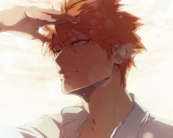1boy bleach brown_eyes close-up commentary english_commentary hair_between_eyes kurosaki_ichigo lens_flare light_smile male_focus orange_hair peppertea portrait shading_eyes shirt solo white_background white_shirt