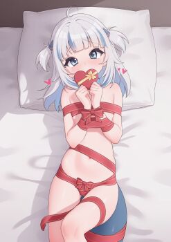Rule 34 | 1girl, absurdres, ahoge, blue eyes, blue hair, bound, bound wrists, box, commentary, english commentary, fins, fish tail, flat chest, gawr gura, grey hair, hair ornament, head on pillow, heart-shaped box, highres, hololive, hololive english, looking at viewer, lucasyecla99, lying, multicolored hair, naked ribbon, navel, on back, paid reward available, pillow, ribbon, shark girl, shark hair ornament, shark tail, solo, streaked hair, tail, two-tone hair, two side up, valentine, virtual youtuber