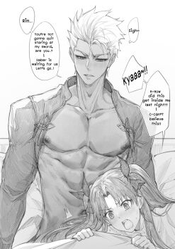 1boy 1girl abs absurdres aftersex archer_(fate) blush dark-skinned_male dark_skin fate/stay_night fate_(series) fkscrashing highres long_hair muscular muscular_male nipples no_shirt on_bed short_hair sitting solo_focus speech_bubble tohsaka_rin