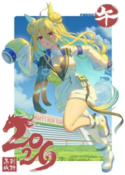 1girl 2026 blonde_hair blue_sky blush breasts chinese_commentary chinese_zodiac cloud commentary_request cosplay date_a_live double_bun grass hair_between_eyes hair_bun happy_new_year highres horse_girl hoshimiya_mukuro large_breasts long_hair long_sleeves nengajou neo_universe_(umamusume) neo_universe_(umamusume)_(cosplay) neo_universe_(universe-naut)_(umamusume) new_year open_mouth outside_border running sky sleeves_past_fingers sleeves_past_wrists solo tsubasaki umamusume year_of_the_horse yellow_eyes