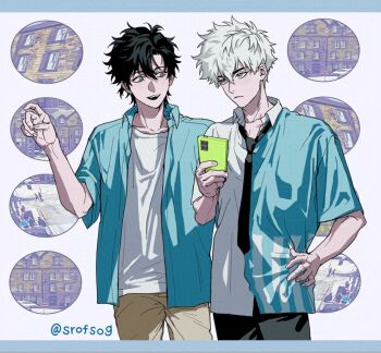 2boys antenna_hair black_hair black_necktie black_pants blue_shirt brown_pants cellphone cheng_xiaoshi cheng_xiaoshi_(bridon) closed_mouth collared_shirt cowboy_shot grey_eyes hair_between_eyes hand_on_own_hip hand_up holding holding_phone looking_at_another looking_at_phone lu_guang male_focus messy_hair multiple_boys necktie official_alternate_costume open_clothes open_mouth open_shirt pants phone pointing ponytail shiguang_dailiren shirt short_hair short_ponytail short_sleeves simple_background smartphone smile srofsog standing teeth twitter_username two-tone_shirt undershirt white_background white_hair white_shirt yaoi