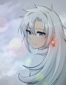 Rule 34 | 1girl, a (xenoblade), blue eyes, closed mouth, commentary, earrings, english commentary, eyelashes, glint, grey hair, hair between eyes, highres, jewelry, lens flare, long hair, looking at viewer, looking back, pax (seo7h), single earring, smile, solo, upper body, xenoblade chronicles (series), xenoblade chronicles 3, xenoblade chronicles 3: future redeemed