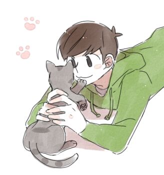 1boy :3 animal animification antenna_hair blush_stickers brown_eyes brown_hair cat commentary drawstring edd_(eddsworld) eddsworld grey_cat hair_behind_ear holding holding_animal holding_cat hood hood_down hoodie keep_(dmswls6145) long_sleeves lowres lying male_focus on_stomach paw_print pawpads ringo_(eddsworld) short_hair simple_background sitting sketch smile solo_focus tabby_cat upper_body white_background