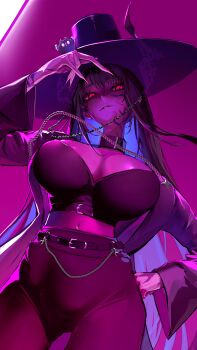 1girl absurdres asymmetrical_horns black_hair black_hanbok black_hat blue_hair body_markings breasts closed_mouth colored_inner_hair demon demon_horns earrings fingernails gat_(hat) hanbok hat highres hololive hololive_english horns jewelry korean_clothes kpop_demon_hunters large_breasts long_hair long_sleeves looking_at_viewer mole mole_under_eye multicolored_hair multiple_girls nerissa_ravencroft red_eyes see-through_hat smile solo thekaiyip two-tone_hair uneven_horns virtual_youtuber