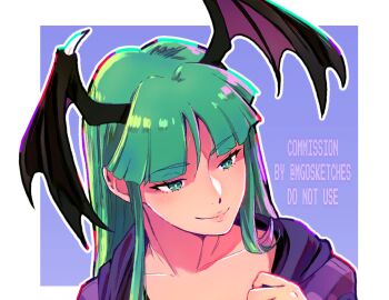 1girl blunt_bangs commission darkstalkers demon_wings green_eyes green_hair head_wings highres long_hair mango_(mgosketches) morrigan_aensland portrait solo wings