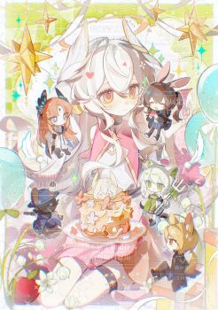 2boys 3girls :d amiya_(arknights) animal_ears arknights balloon black_boots black_jacket blonde_hair blue_eyes blue_skirt boots bright_pupils brown_hair cake character_request chibi closed_eyes closed_mouth double-parted_bangs dress food green_background green_eyes hair_between_eyes highres holding holding_polearm holding_weapon horse_boy horse_ears horse_tail jacket kal'tsit_(arknights) long_hair long_sleeves mlynar_(arknights) multiple_boys multiple_girls open_clothes open_jacket open_mouth orange_hair parted_bangs passenger_(arknights) pink_dress plate polearm rabbit_ears rabbit_girl red_eyes senzhongxun short_hair sitting skirt smile tail trident watermark weapon white_hair white_pupils yellow_eyes